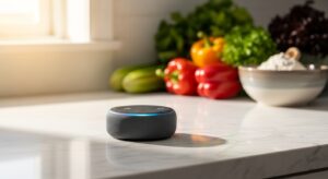 Charcoal Amazon Echo Dot latest generation on a white marble kitchen counter being used for hands-free cooking timers.