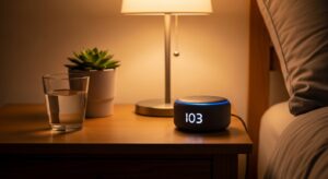 Amazon Echo Dot with LED clock display on a wooden nightstand showing the time in a cozy bedroom setting.