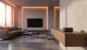 Best smart speaker for home 2026: The Amazon Echo Dot sitting on a minimalist shelf with ambient smart lighting background.