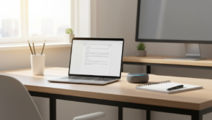 a Amazon Echo Dot on a minimalist desk used for productivity, music, and calendar management in a home office.