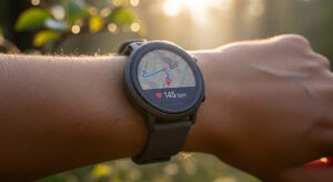 Amazfit Bip 6 smartwatch with AMOLED display on a wrist during a morning jog.