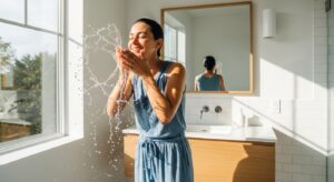 Best Face Cleansers for Dry Skin A woman with a serene expression gently massaging a creamy cleanser into her face in a bright, sunlit bathroom.
