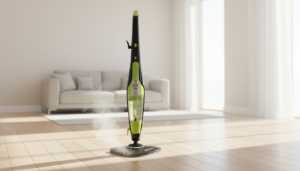 A sleek black and chrome steam mop releasing light steam in a bright minimalist living room with hardwood floors. Best steam mop for sealed hardwood floors