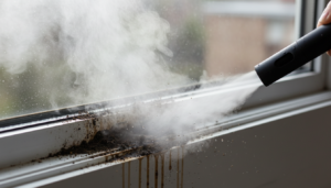 Close-up of a handheld steam nozzle blasting steam into a dirty window track, dissolving grime with visible water droplets.