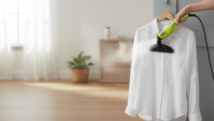 Person steaming a linen shirt on a hanger using a handheld garment steamer attachment in soft natural lighting.