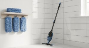 A person easily using the MEXERRIS 360° Spray Mop to clean a light-colored hardwood floor with one hand. Best spray mop for hardwood floors in the UK