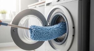 A clean, blue microfiber pad being attached to the Velcro base of the MEXERRIS mop.