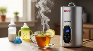 Best formula preparation machine for newborns UK A parent in a dimly lit kitchen easily filling a bottle from the Nuby RapidHot without turning on bright overhead lights.