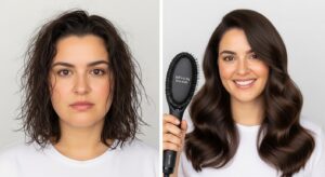 A before-and-after split screen showing a woman with damp, frizzy hair on the left and a polished, voluminous blowout on the right.