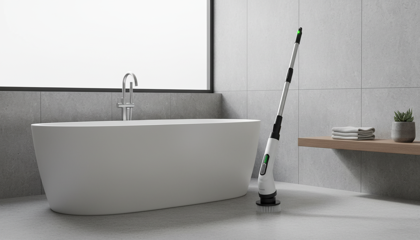 Best cordless power scrubber for shower tiles UK Electric scrubber standing in a sleek, minimalist bathroom with soft lighting. Best cordless power scrubber.