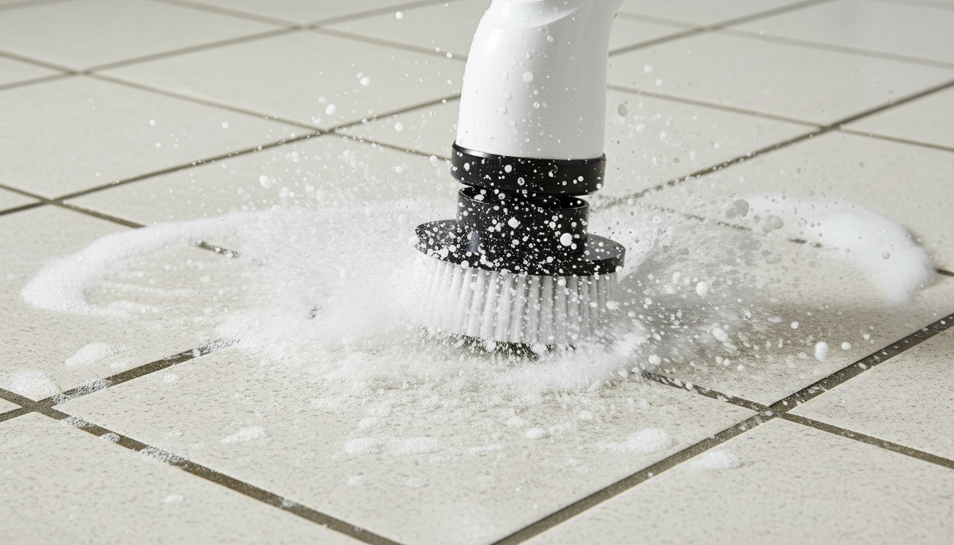 Best cordless power scrubber for shower tiles UK Close-up of a spinning scrubber head cleaning tiles with water and soap spraying outward.