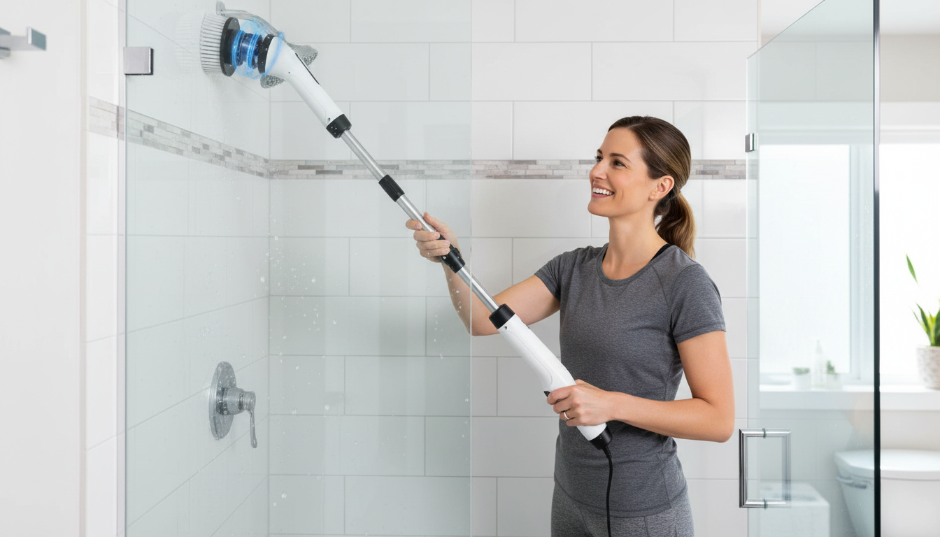 Best cordless power scrubber for shower tiles UK Person using an extendable electric scrubber to clean a shower corner without stretching.