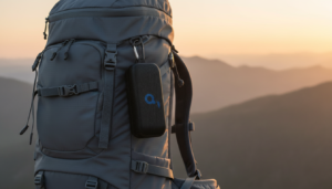 The Soundcore Select 2S speaker sitting on a rocky ledge near a waterfall, showing its rugged black exterior. Best travel speaker