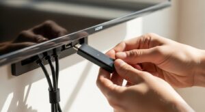 Best Streaming Devices for Netflix and Prime Video in 2026 Illustration of a hand plugging a Fire TV Stick 4K Max into the back of a flat-screen television.