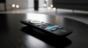 Best Streaming Devices for Netflix and Prime Video in 2026 Close up of the Fire TV Stick 4K Max and its Alexa Enhanced Voice Remote with dedicated Netflix and Prime Video buttons.