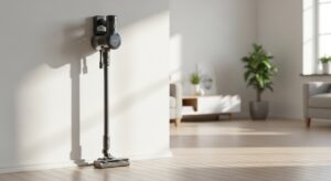 Best cordless vacuum for small apartments featuring a sleek Tineco Pure One S11 mounted on a minimalist wall.