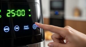 Close-up of the Ninja Air Fryer digital interface with the Sync Finish button highlighted.