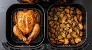 Ninja Air Fryer baskets containing a roasted whole chicken and crispy potatoes.