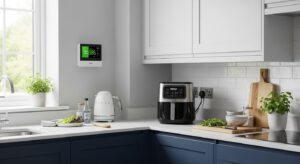 Modern UK kitchen with a Ninja Air Fryer and a smart meter showing low energy usage.