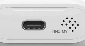 Close up of the AirPods Pro 2 charging case showing the USB-C port and lanyard loop.