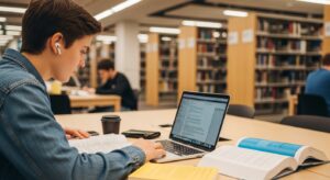 A person wearing AirPods Pro 2 while working on a laptop in a busy London cafe.