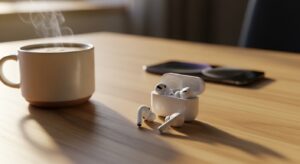 Best wireless earbuds in the UK for noise cancellation 2026 featuring the Apple AirPods Pro 2 on a wooden desk.