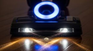 Close-up of the Tineco iLoop sensor turning from red to blue on a hardwood floor.