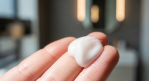 Best Face Cleansers for Dry Skin A close-up of the white, creamy, lotion-like texture of CeraVe Hydrating Cleanser on a person