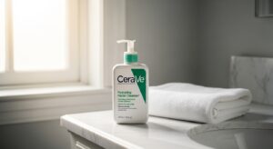Best Face Cleansers for Dry Skin Best Face Cleansers for Dry Skin, a bottle of CeraVe Hydrating Facial Cleanser sitting on a clean, modern bathroom vanity next to a small towel and a glass of water.