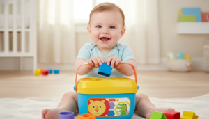 A 6-month-old baby sitting on a soft rug, holding a bright yellow Fisher-Price block next to the shape sorter bucket. Fisher-Price Baby’s First Blocks