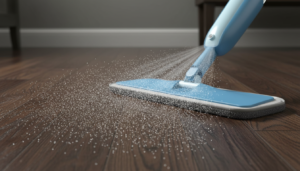 Close-up of a spray mop nozzle releasing a fine, even mist onto a dark wood floor with visible droplets.