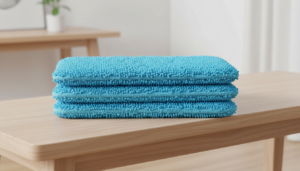 Stack of bright blue microfiber mop pads with detailed fluffy fibers resting on a wooden surface.