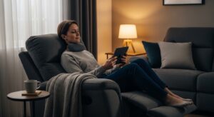 Best Recliners for RVs and Apartments in the UK in 2026 Close-up shot of the dark grey MCombo recliner showing the adjustable power headrest tilted forward for neck support.