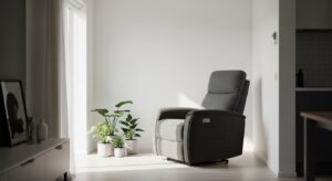 Best Recliners for RVs and Apartments in the UK in 2026 Space-Saving Power Recliner Chair with USB Charging featuring the MCombo Zero Wall Hugger in a minimalist modern apartment.