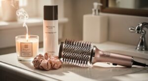 Best hair styling tools for time-saving 2026 featuring the Revlon One-Step Hair Dryer and Volumiser on a modern marble bathroom vanity.