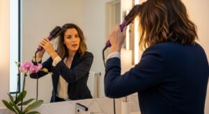 A realistic photo of a woman in professional office attire using the Revlon One-Step in a bathroom mirror, looking confident.
