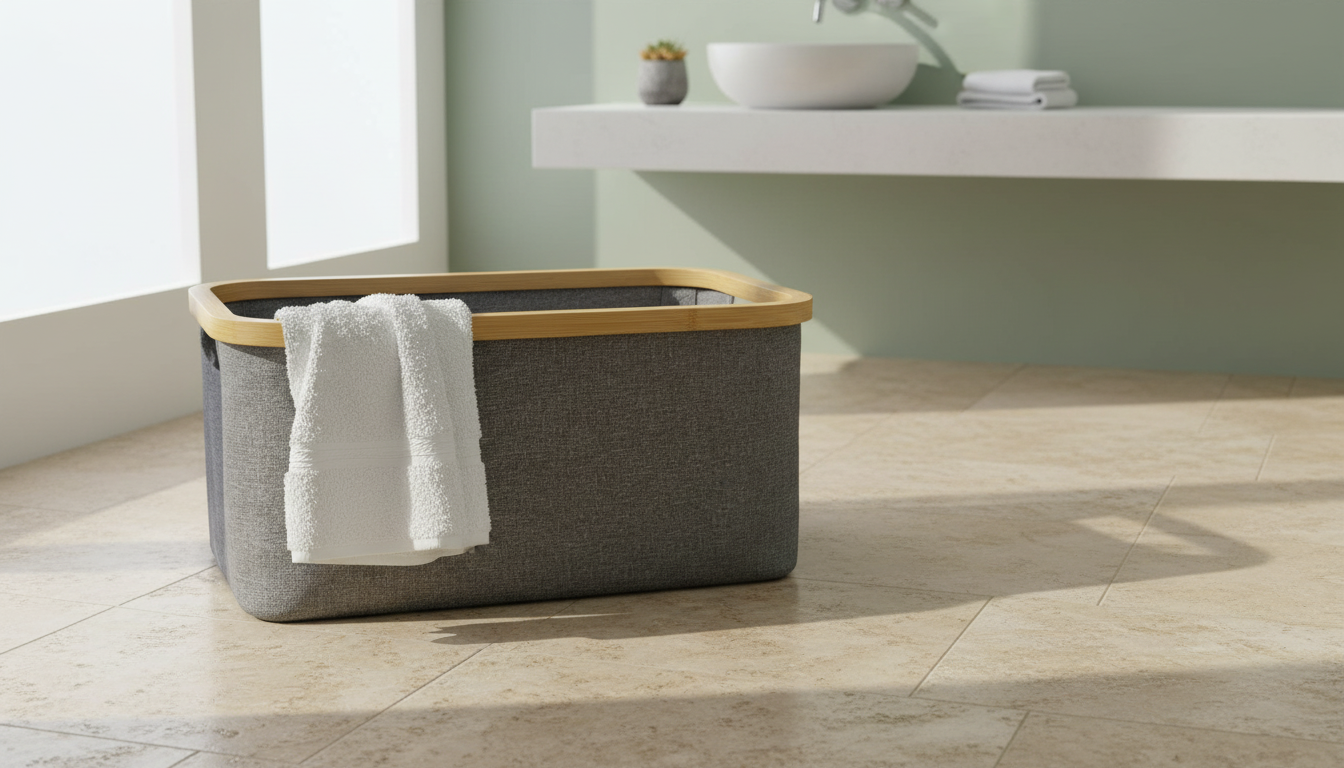 Best 50L laundry hamper for small bathrooms Grey fabric laundry basket with bamboo rim in a spa-like bathroom with soft lighting. Best 50L laundry hamper.