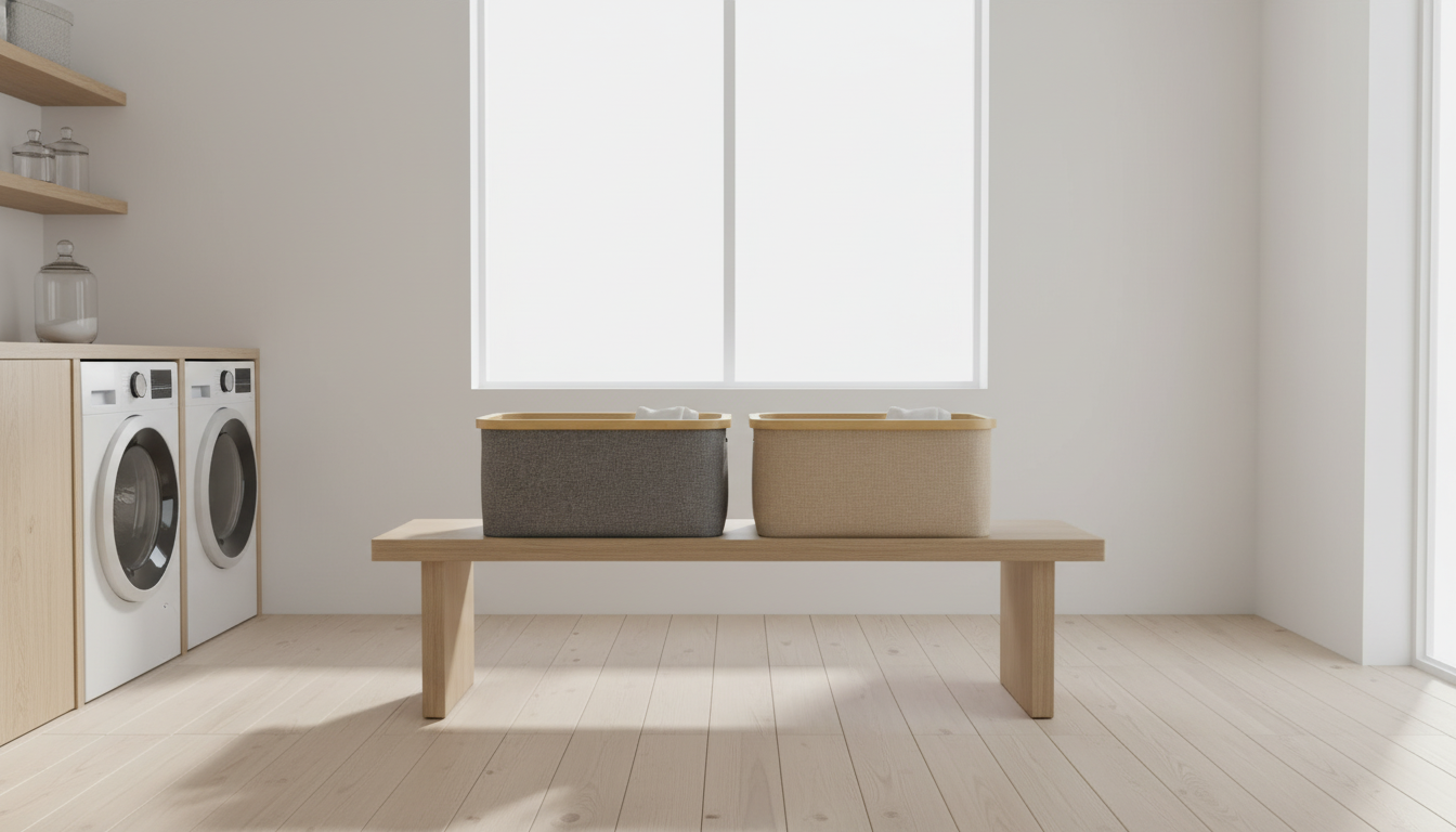 Best 50L laundry hamper for small bathrooms Two fabric laundry baskets on a bench in a bright, minimalist laundry room.