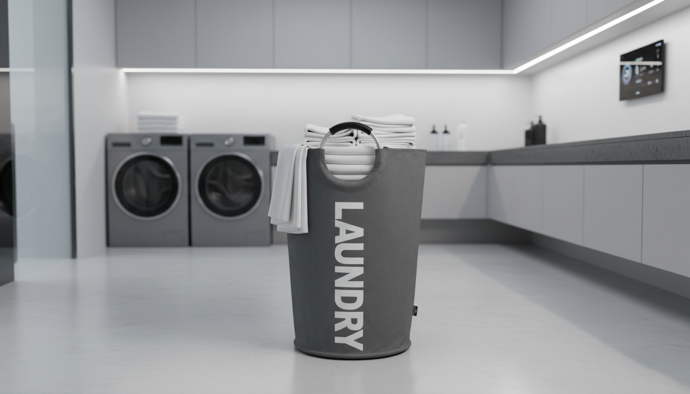 Best Foldable laundry hamper for small apartments in the Uk 2026 Charcoal grey laundry basket filled with folded linens in a modern utility room. Best Foldable laundry hamper