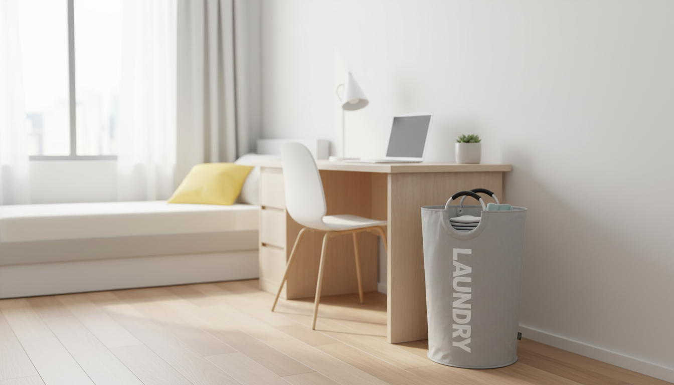 Best Foldable laundry hamper for small apartments in the Uk 2026 Laundry basket placed neatly in a minimalist dorm room beside a desk.