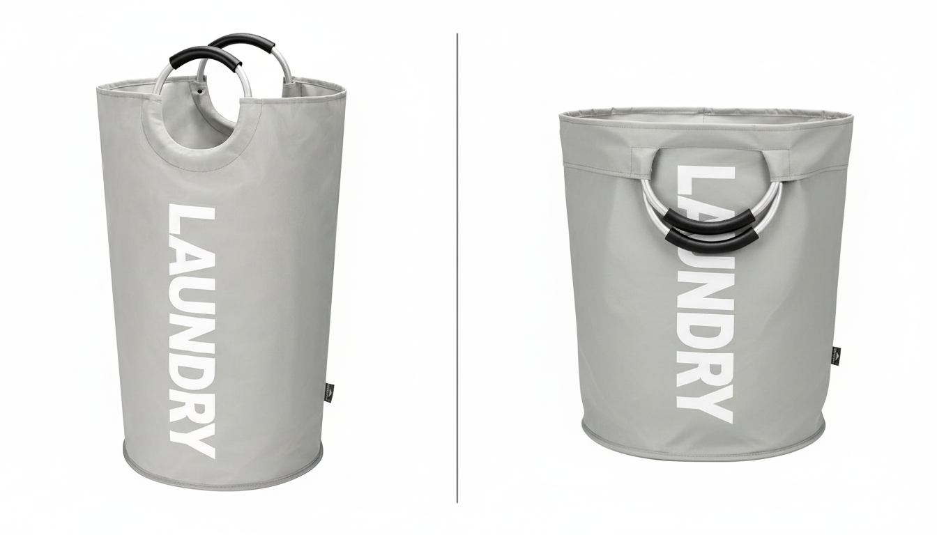 Best Foldable laundry hamper for small apartments in the Uk 2026 Laundry basket shown standing upright on one side and fully folded flat on the other.