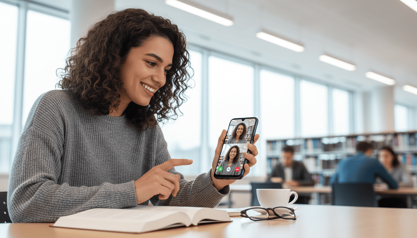 Person using Samsung Galaxy A15 5G for video call in a bright modern library.