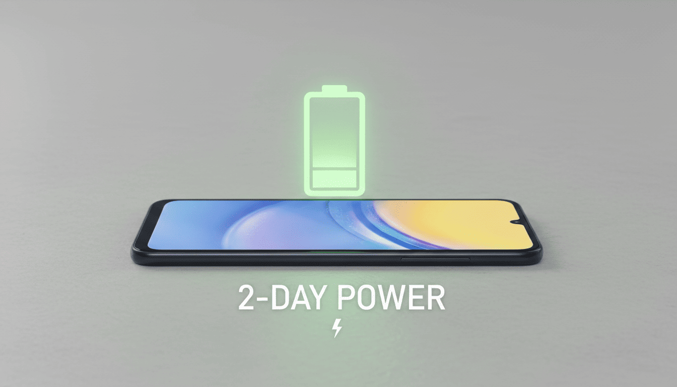 Glowing green battery icon above Samsung Galaxy A15 5G representing long battery life.