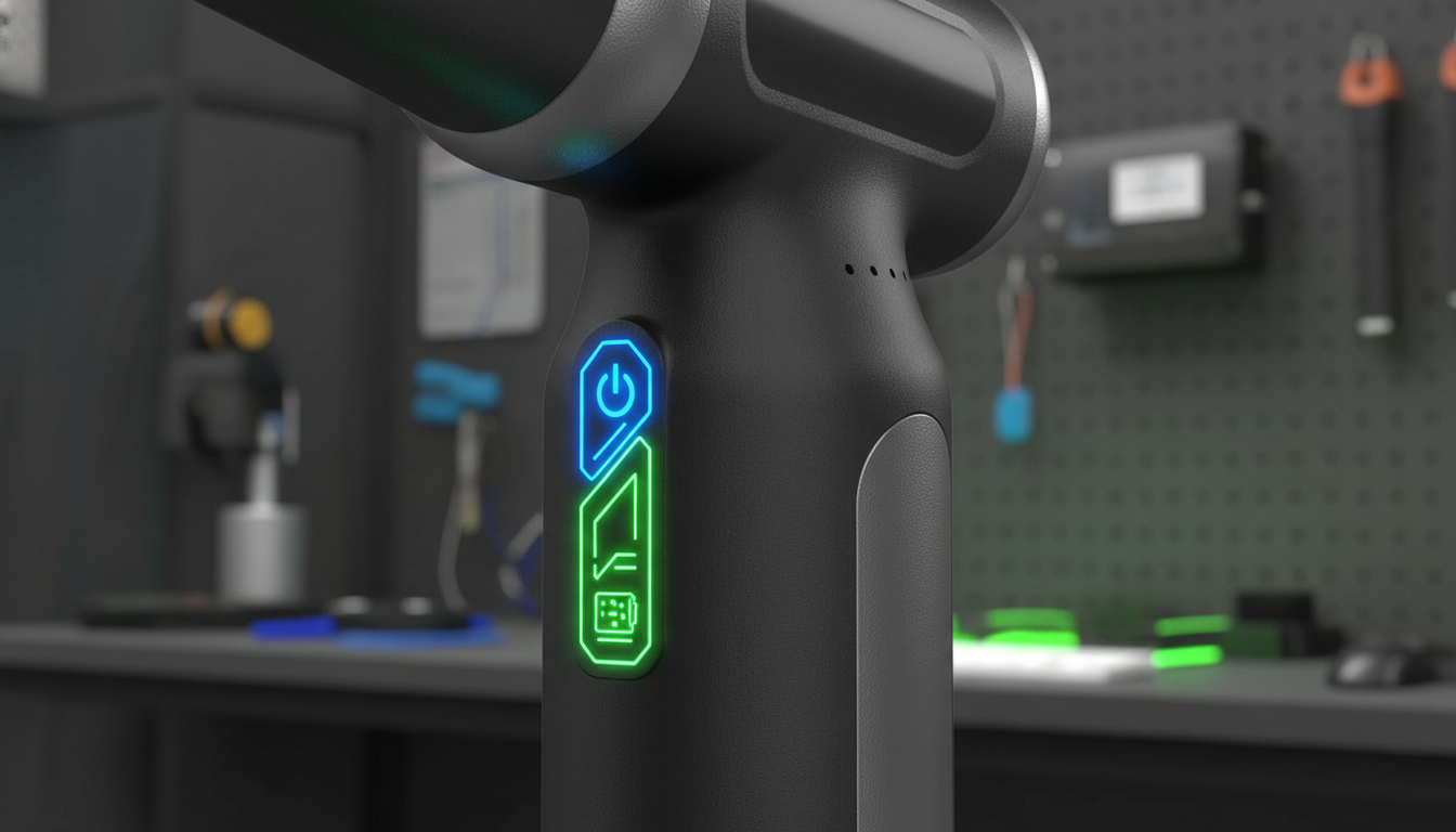 LED display on a cordless air duster showing power levels with glowing blue and green lights.