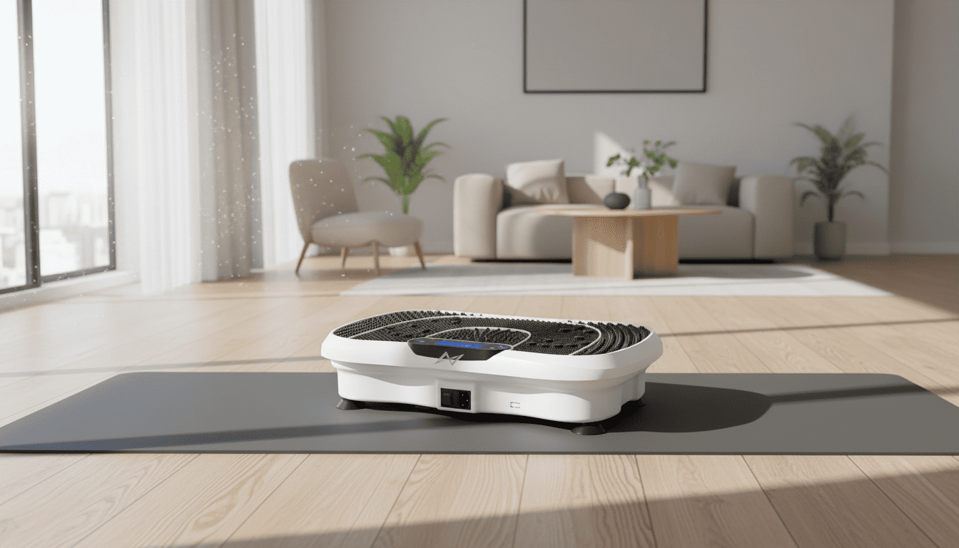 Best vibration machine for lymphatic drainage in the UK 2026 White vibration plate on a yoga mat in a bright minimalist living space. Best vibration machine