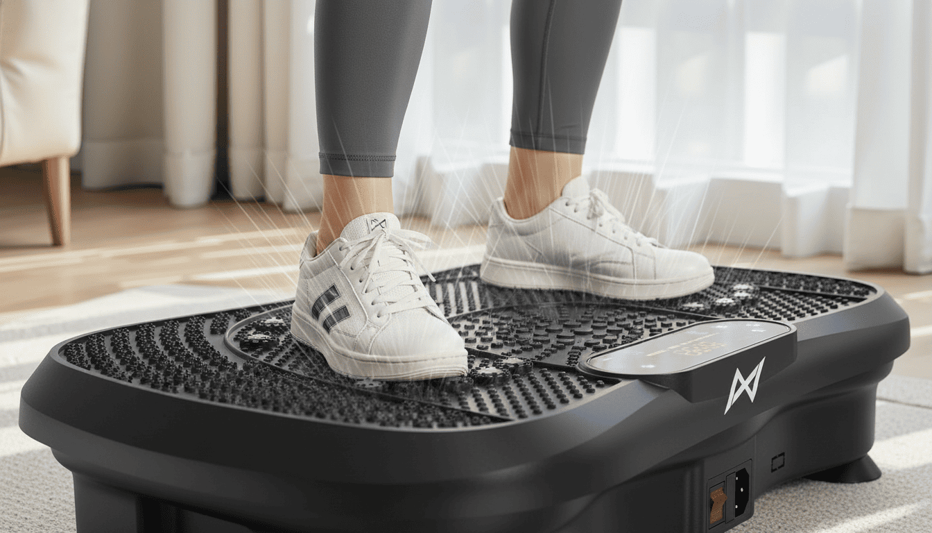 Best vibration machine for lymphatic drainage in the UK 2026 Close-up of feet on a vibrating platform with motion blur showing active vibration.