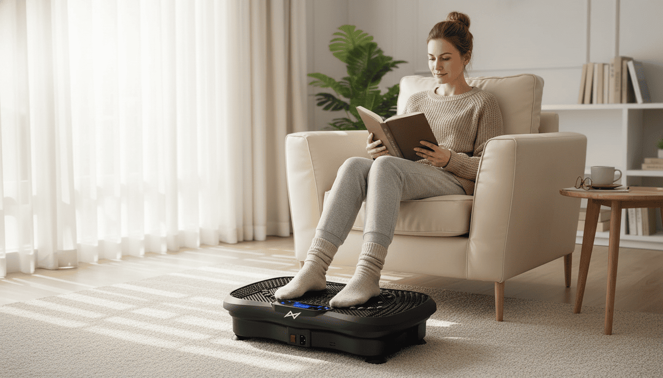 Best vibration machine for lymphatic drainage in the UK 2026 Person relaxing with feet on a vibration plate while reading a book.
