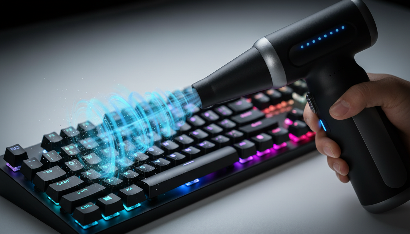 Cordless air duster blowing dust out of an RGB mechanical keyboard in a dark setup. Best canned air alternative for electronics