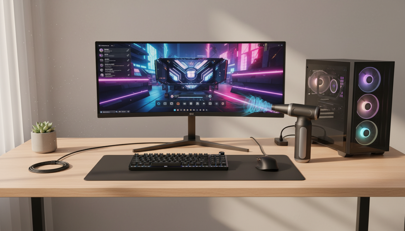 Cordless air duster charging via USB-C next to a modern gaming PC setup on a desk.
