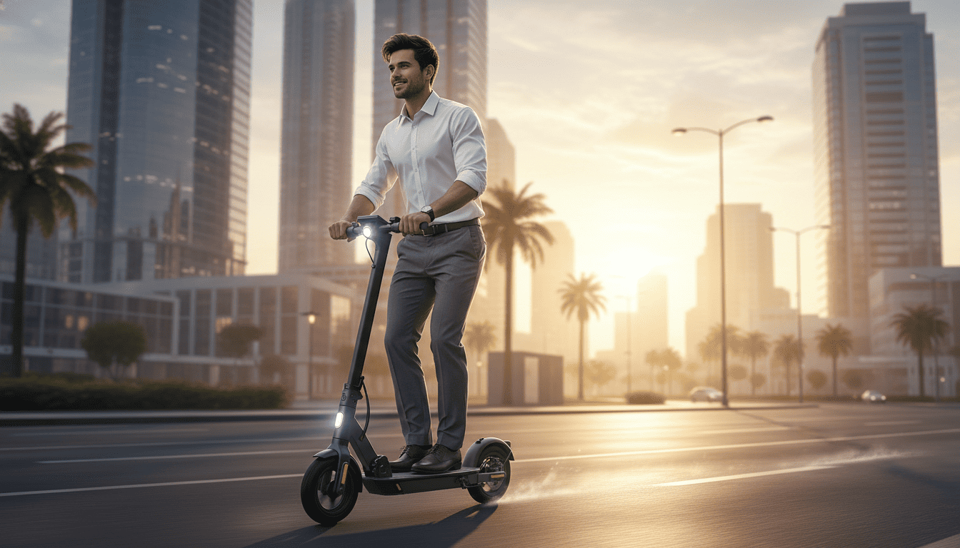 Man wearing a white Alimens & Gentle dress shirt riding an electric scooter in a modern city. Best affordable white dress shirt